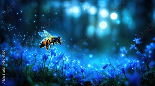 Night bee flying, blue flowers, forest, magic