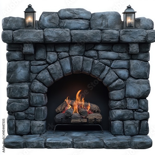 Stone fireplace with burning wood