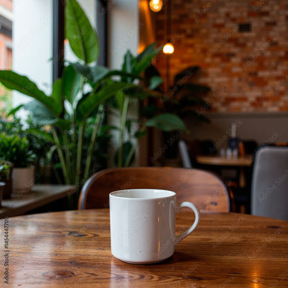 Warm cafe setting with a white mug on a wooden table, surrounded by vibrant greenery and brick walls, radiating a calm and inviting ambiance for relaxation and connection. Warm cafe setting with a white mug on a wooden table, surrounded by vibrant greenery and brick walls, radiating a calm and inviting ambiance for relaxation and connection.