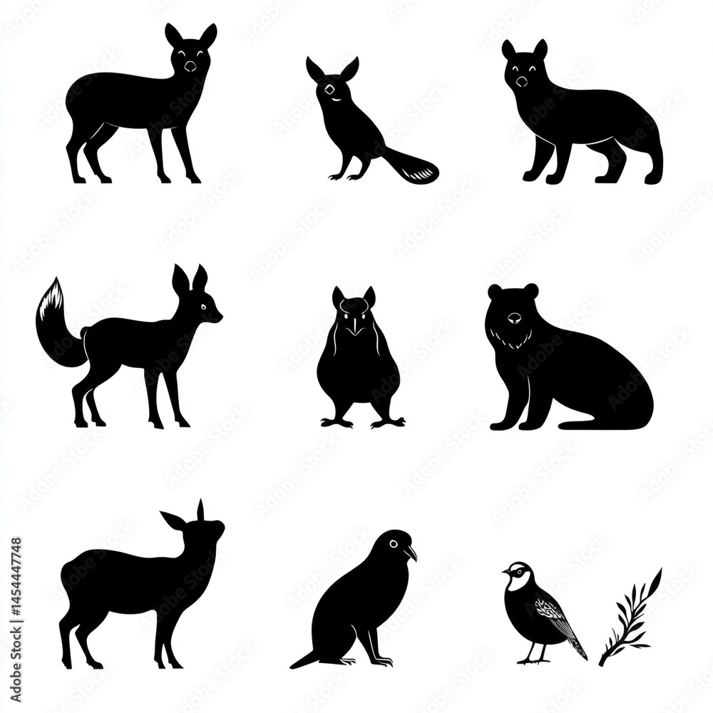 Obraz premium Set of black vector icons, silhouettes of forest animals deer, fox, squirrel, rabbit, owl, bear, pheasant, and bird on a white background