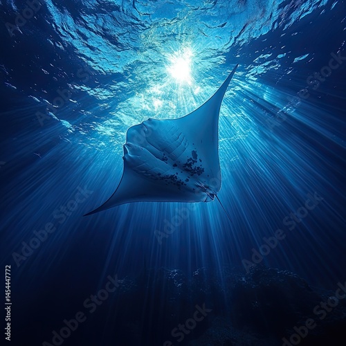 Giant oceanic manta ray or Mobula birostris slowly swimming underwater view from bottom to top
