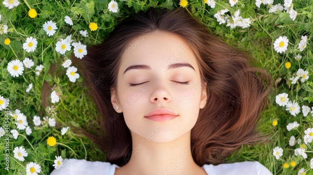 Woman lying in a blooming meadow with eyes closed, sunlight on her face, pure bliss and peace Woman lying in a blooming meadow with eyes closed, sunlight on her face, pure bliss and peace