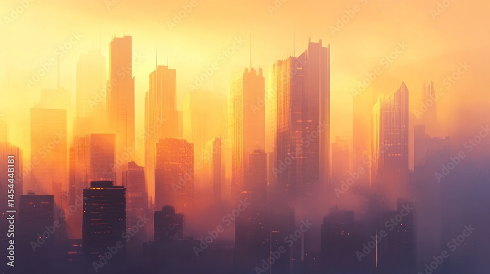 Fototapeta premium Sunrise cityscape, hazy, futuristic, warm tones