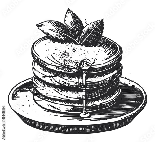 Delicious Stack of Hand-Drawn Pancakes with Maple Syrup and Mint Leaf