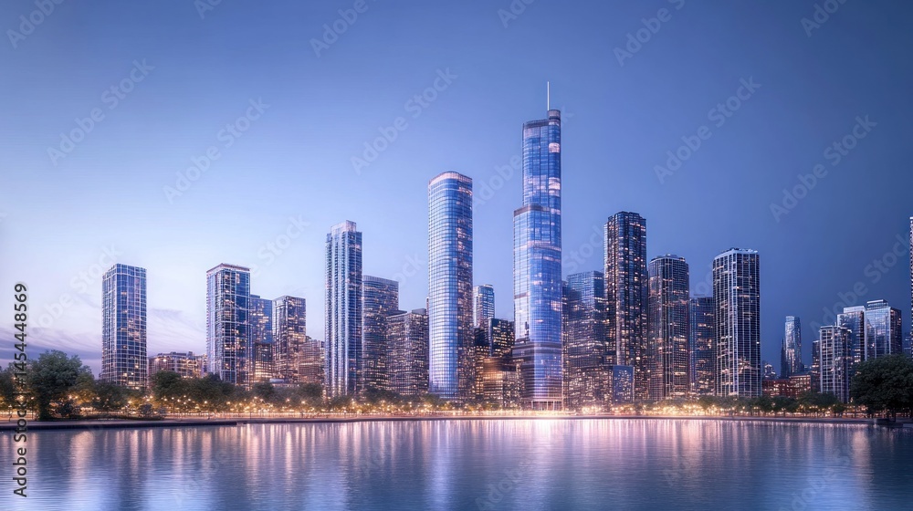Fototapeta premium Urban skyline at twilight, reflecting city lights on tranquil water