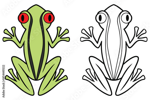 One green frog stares with red eyes, next to a black outline version