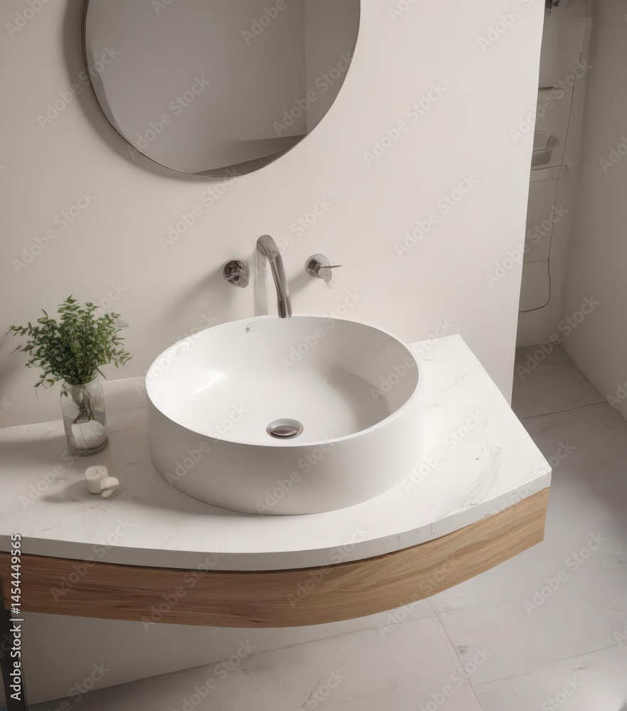 Fototapeta premium Curved porcelain sink, off-white countertop Simple modern bathroom aesthetic , plumbing, interior, simple