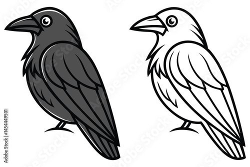 Raven illustration showcases both a grayscale version and a black outlined white version on a white background