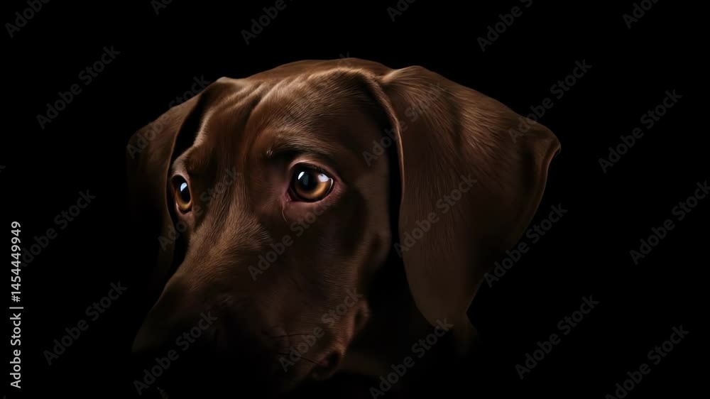 Expressive Brown Dog Portrait Video: Vizsla stares with soulful amber eyes on black background. Close-up pet animation footage.