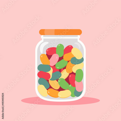 Jelly candy, sweet beans and multicolored sugar treats in a glass jar. Junk food, cute confectionery and different shades of sugary snacks for a party or holiday