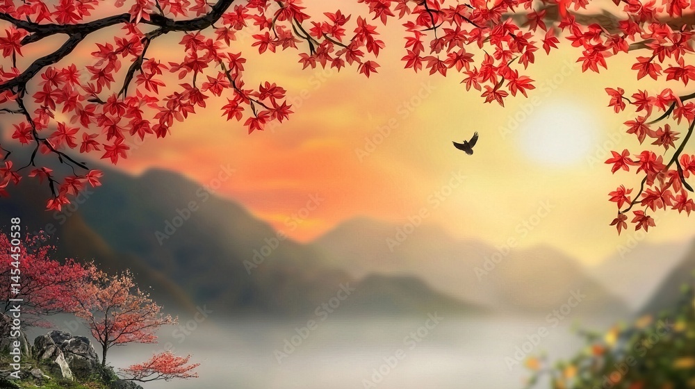 Colorful autumnal landscape with vibrant foliage and misty mountains.