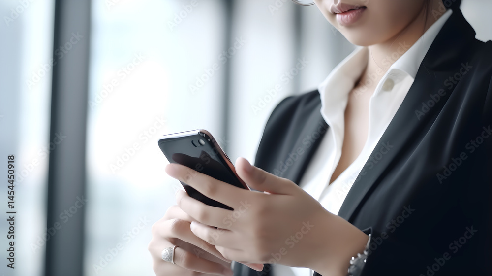 A businesswoman in a black suit using a smartphone in an office setting. A businesswoman in a black suit using a smartphone in an office setting.