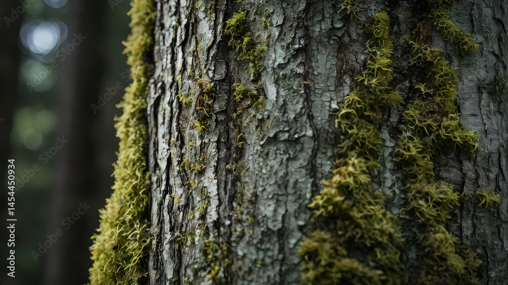 Obraz premium Textured tree bark covered with vibrant green moss patches