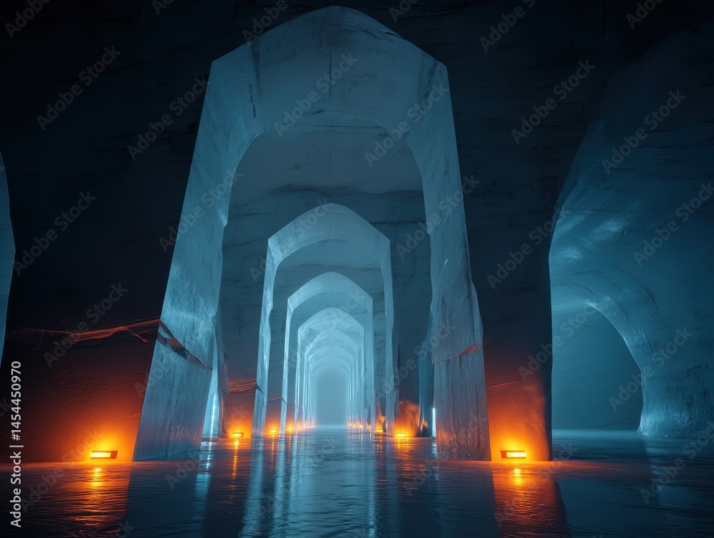Fototapeta premium Icy cavern with glowing lights, a surreal and otherworldly landscape. The icy arches create a mesmerizing and enchanting atmosphere.