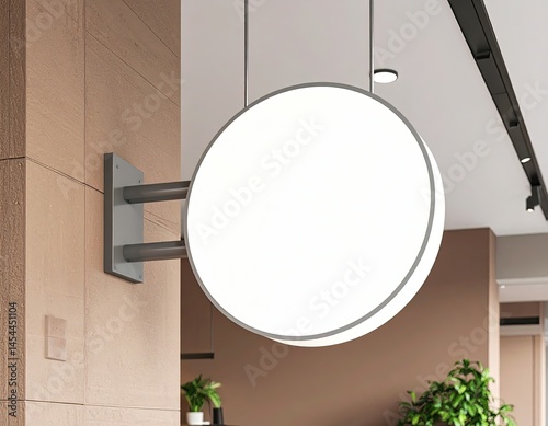 Blank round light box sign mockup on modern building wall, 3D rendering for branding, advertising, logo display, commercial signage, storefront presentation