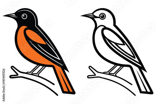 Baltimore oriole bird perched on a branch presented in color and line art both