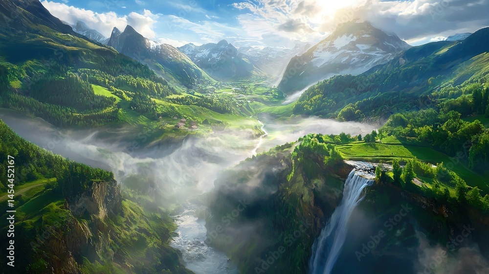 Lush valley landscape with waterfalls and mountains under a bright sky.