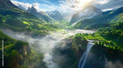 Obraz na płótnie Lush valley landscape with waterfalls and mountains under a bright sky. w salonie