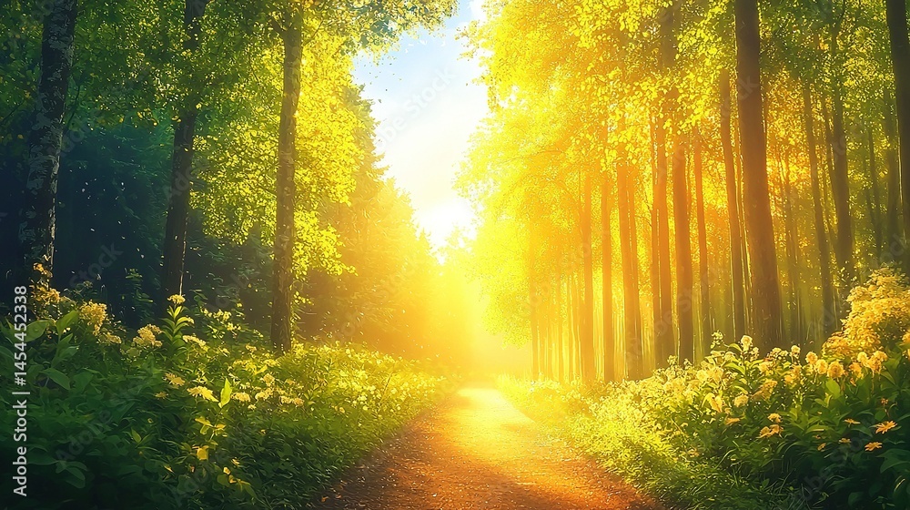 Sunlight streams through a path in a vibrant forest.