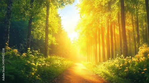 Obraz na płótnie Sunlight streams through a path in a vibrant forest. w salonie
