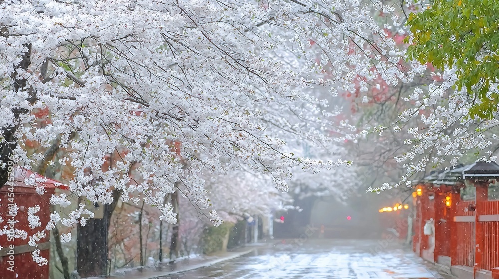 A serene winter scene with blooming cherry trees.