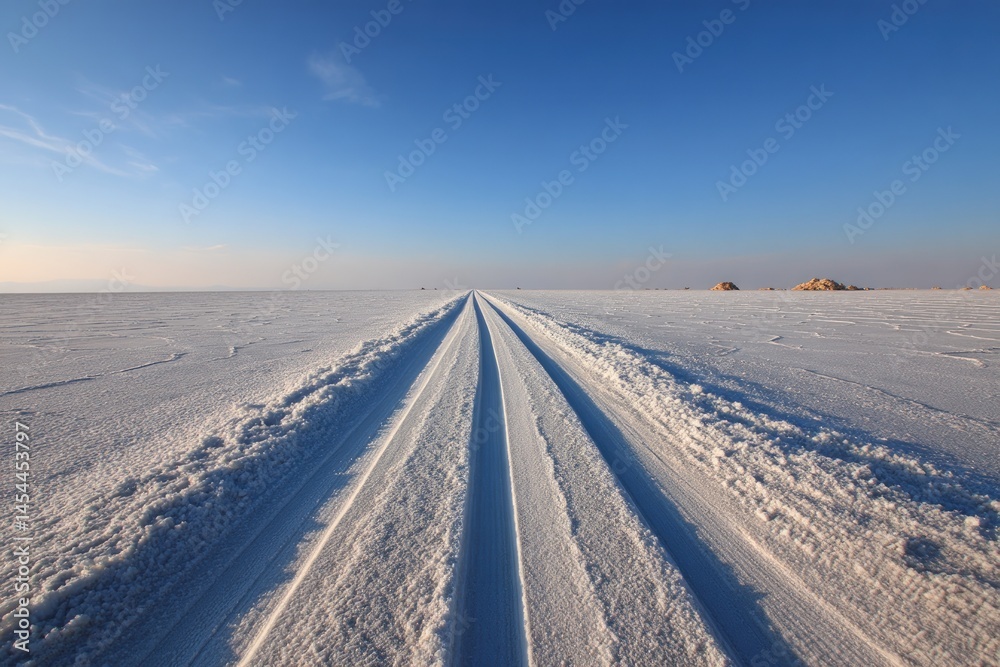 Winter tracks on frozen plain lead to horizon, clear blue sky; travel concept Winter tracks on frozen plain lead to horizon, clear blue sky; travel concept