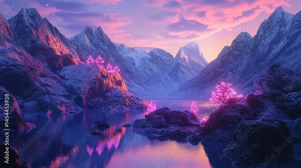 Obraz premium Frozen valley lake at dawn, glowing trees