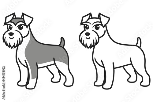 Cartoon Schnauzer dog standing beside an uncolored version displaying outlined features and a transparent background