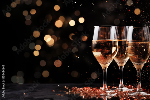 Three glasses with drink with bubbles stand on the edge of dark empty background with polygonal glowing lights, copyspace. festive background with place for text