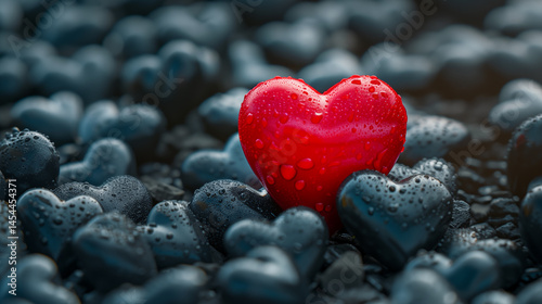close up of red heart among black and small stones of heart shape. concept one big main love of all life, true love