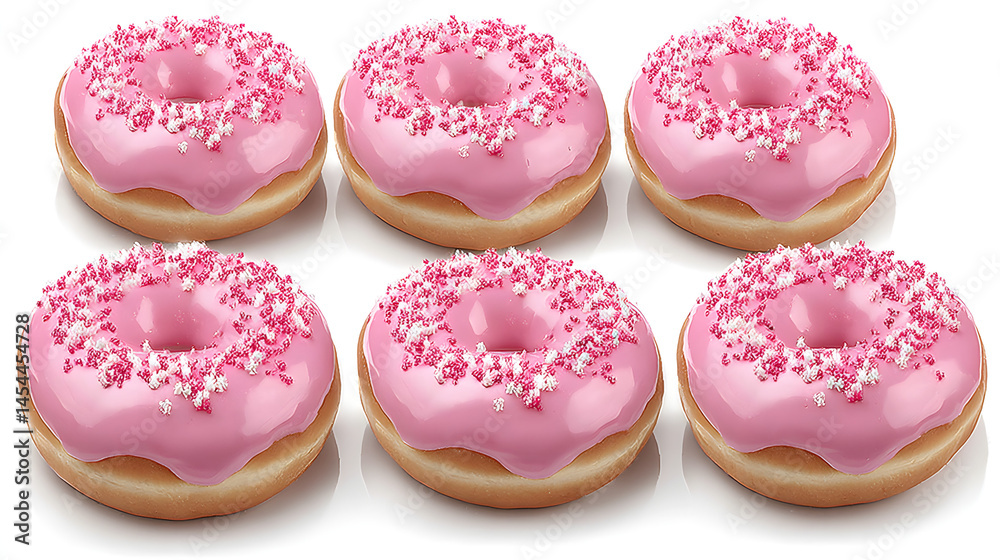 Five pink doughnuts with colorful sprinkles isolated on a white background, arranged in a playful and appetizing composition.
Five pink doughnuts with colorful sprinkles isolated on a white background, arranged in a playful and appetizing composition.