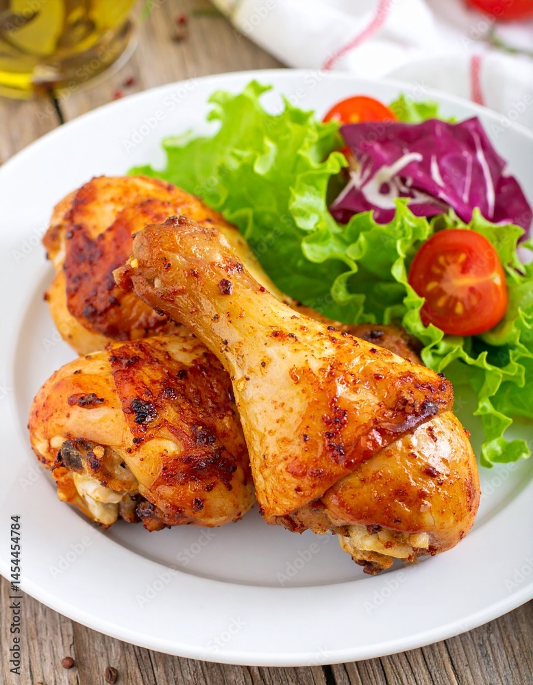 roasted chicken with salad on a white plate