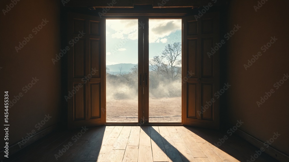 Fototapeta premium Sunbeams Through Doorway in Abandoned Building – Atmospheric Light and Urban Decay