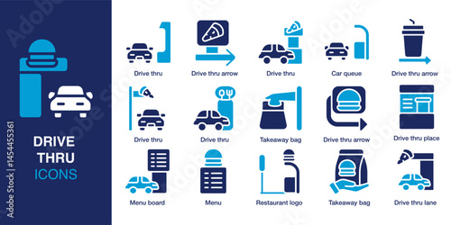 Drive thru icon set. Containing drive thru, car queue, takeaway, menu board, restaurant sign, food pickup and more. Solid vector icons collection. Vector illustration.