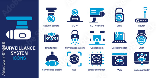 Surveillance system icon set. Containing CCTV, security camera, control room, router, web cam, monitoring screen and more. Solid vector icons collection. Vector illustration.