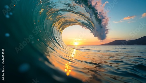 Sunset Tunnel Wave: A vibrant ocean wave curls into a glowing tunnel, framing a golden sunset with hues of blue, green, and orange against a calm sea and distant hills.