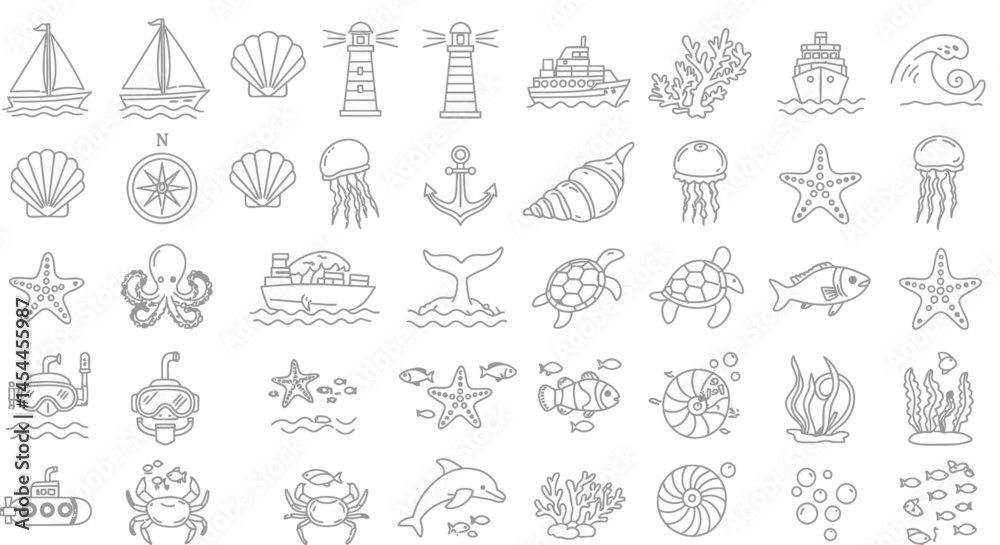 Obraz premium Outlined Marine Life and Nautical Elements in a Repeating Pattern