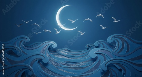 Ocean waves seagulls flying under crescent moon blue seascape dreamy night scene artistic illustration
