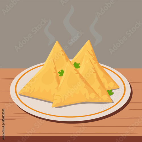 A plate of hot and spicy samosas on a table as a snack or meal in Indian cuisine. Traditional fried food served in India for lunch, breakfast or tea time