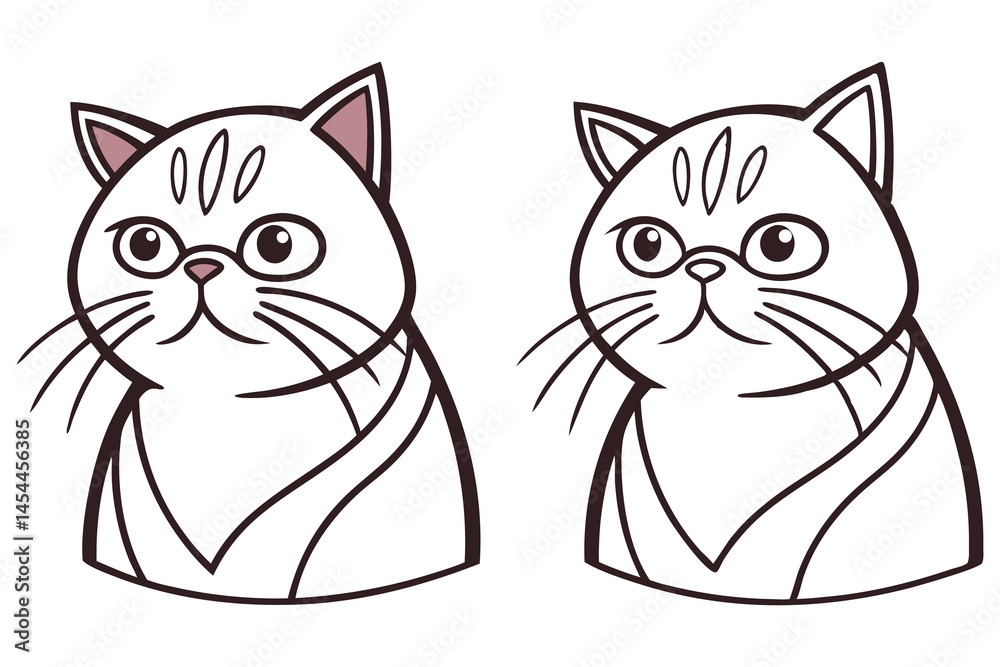 Two stylized outlined cartoon cat faces stand side by side against a white backdrop Two stylized outlined cartoon cat faces stand side by side against a white backdrop