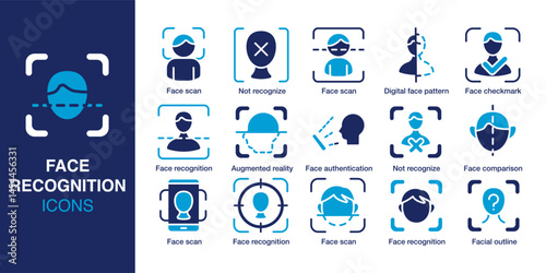 Face Recognition icon set. Containing face scan, face checkmark, facial outline, authentication, comparison, and augmented reality. Solid vector icons collection. Vector illustration.