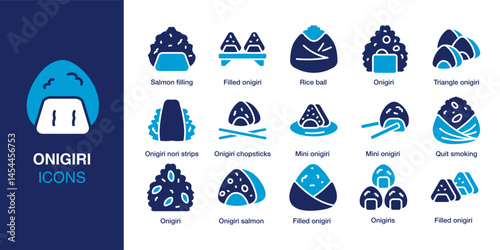 Onigiri icon set. Containing rice ball, triangle onigiri, filled onigiri, onigiri chopsticks, salmon filling, and mini onigiri. Solid vector icons collection. Vector illustration.