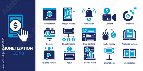 Monetization icon set. Containing income result, analytics, content creation, data insights, revenue chart, and notification. Solid vector icons collection. Vector illustration.