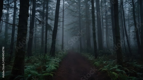 Mysterious path winds through a dark and foggy forest