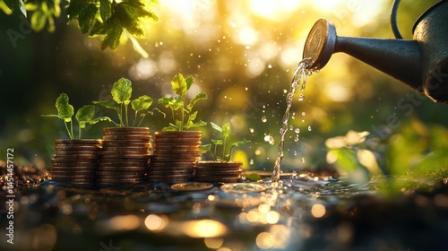 Watering growing money plants in garden