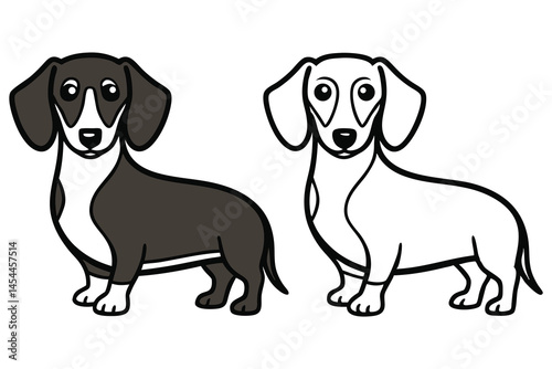 Cartoon dachshund dogs with brown color and outline pose gracefully against white background