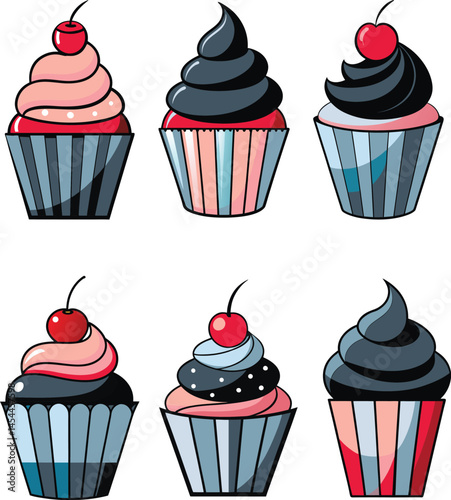 Collection of six colorful cupcakes with cherry toppings in various frosting designs, Dessert Collection