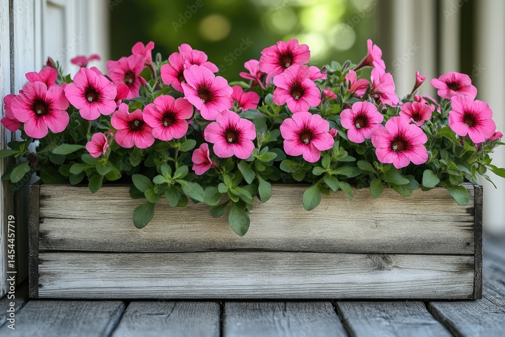 Fototapeta premium Wooden planter box filled with vibrant pink flowers