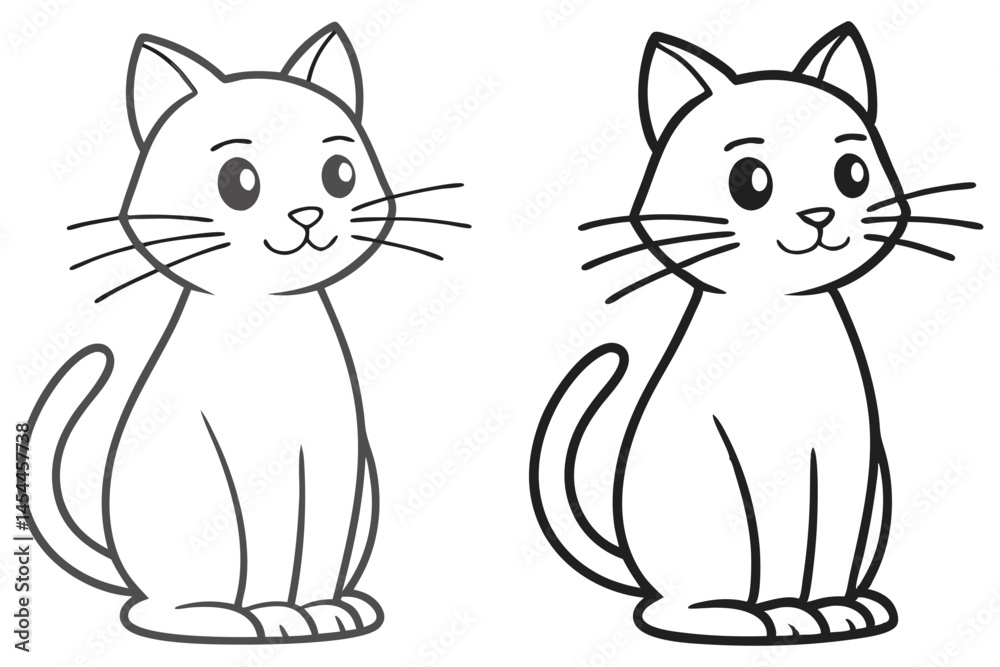 Two outlined cartoon cats sit side by side facing forward with a white background Two outlined cartoon cats sit side by side facing forward with a white background