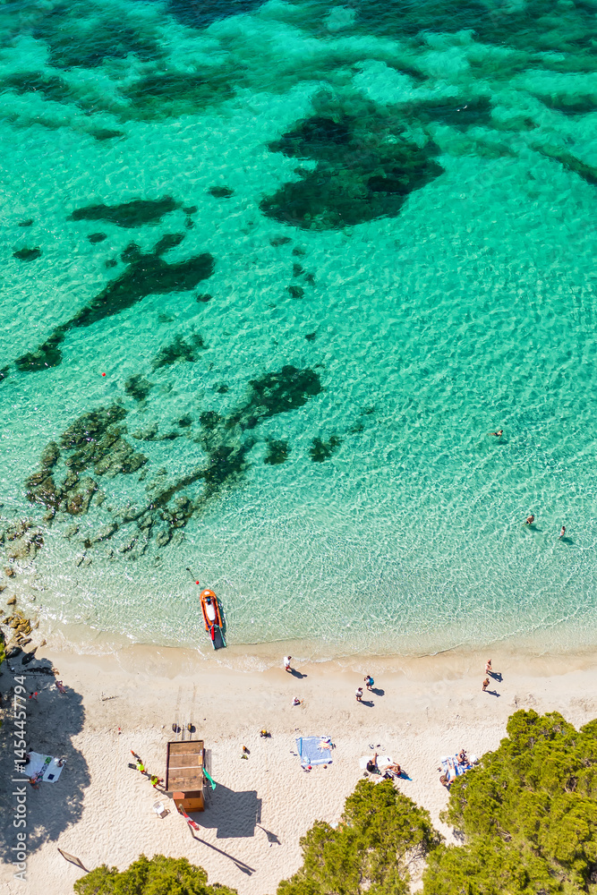 Aerial view of Playa de Formentor at Cala Pi de la Posada bay in Mallorca